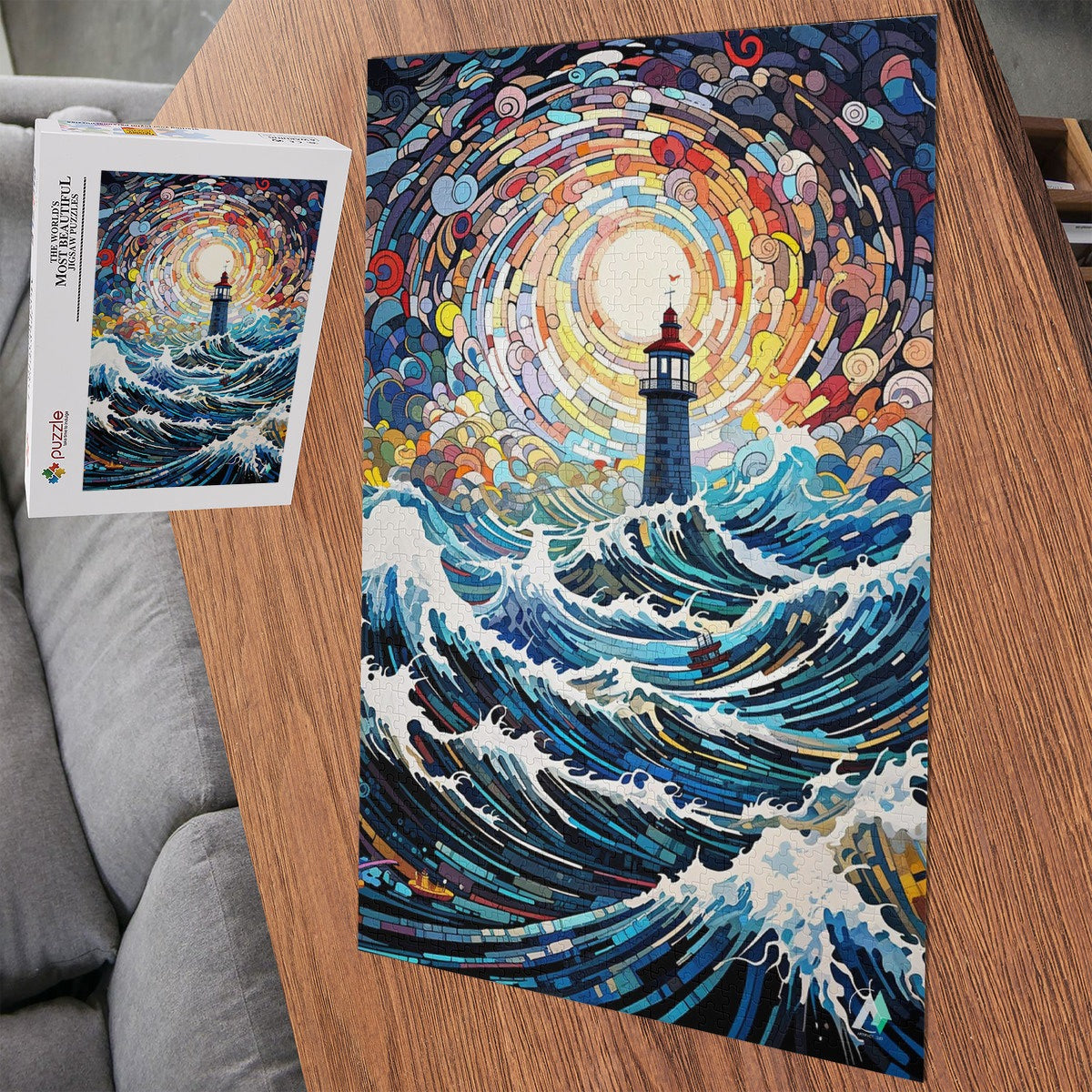 surreal lighthouse giant waves ocean storm jigsaw puzzle