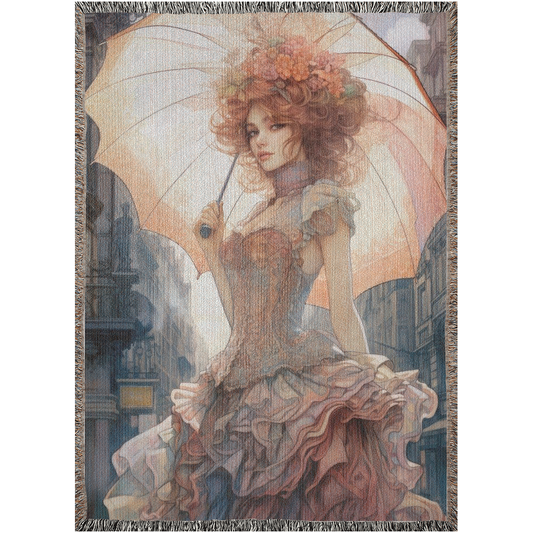 Woven blanket with a woman holding an umbrella in an urban setting