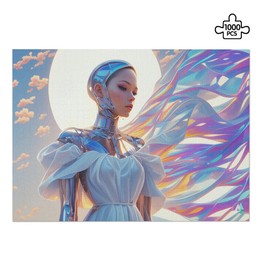 Amara-X I Puzzle featuring a woman in a fashion garment, showcasing artistic design. Available in 500 and 1000 pieces with premium finish.