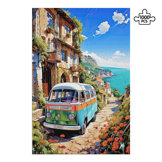 Van Life on the Med Puzzle, featuring a bus van on a scenic road, available in 500 or 1000 pieces with artwork by @iguana_nick.