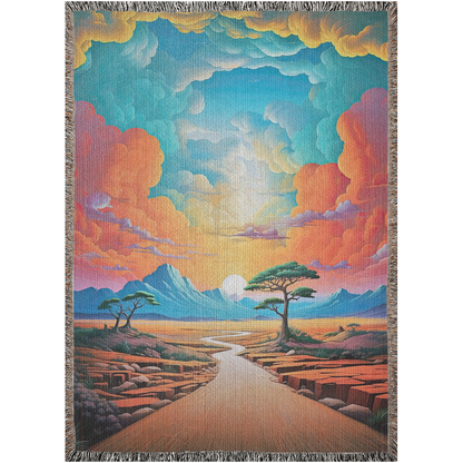 A digital image of a desert road, with multi-colored clouds above.