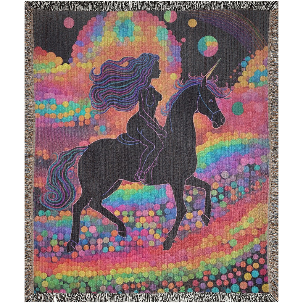 A digital image of a blacked-out unicorn and rider galloping on a rainbow road.