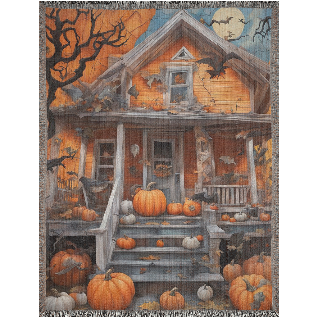 Digital art of a spooky house surrounded by pumpkins.