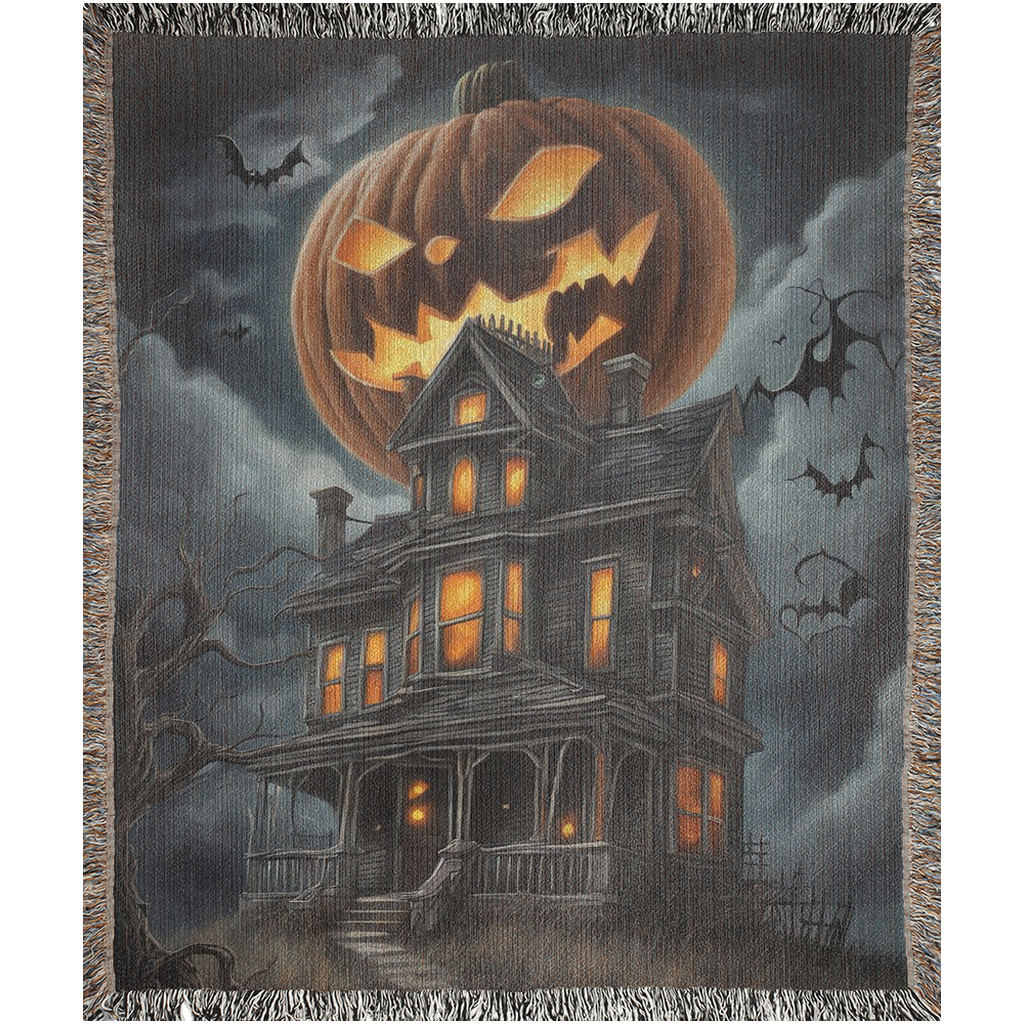 A digital illustration of a spooky old home with a giant pumpkin floating in the sky above.