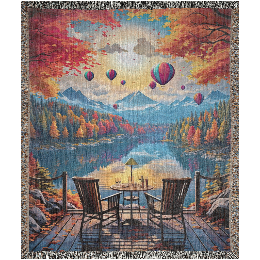 A digital painting of a deck with chairs, overlooking a serene lake with air balloons floating above. The forest in the background is turning to the color of Autumn.