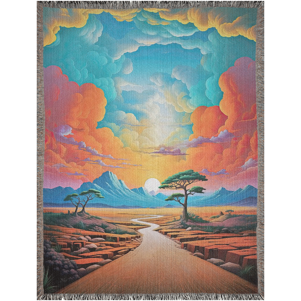 A digital image of a desert road, with multi-colored clouds above.