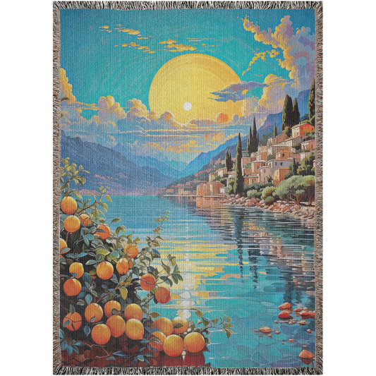 Surreal Menton Woven Blanket features a colorful tapestry design with oranges and a river, crafted from 100% cotton for luxury and durability.