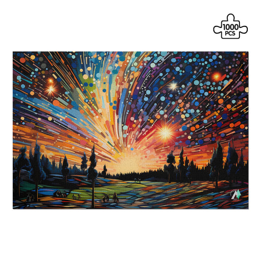 Meteor Shower Puzzle featuring vibrant artwork by @aihabit, available in 500 and 1000 pieces, crafted from premium ivory cardboard with satin finish.