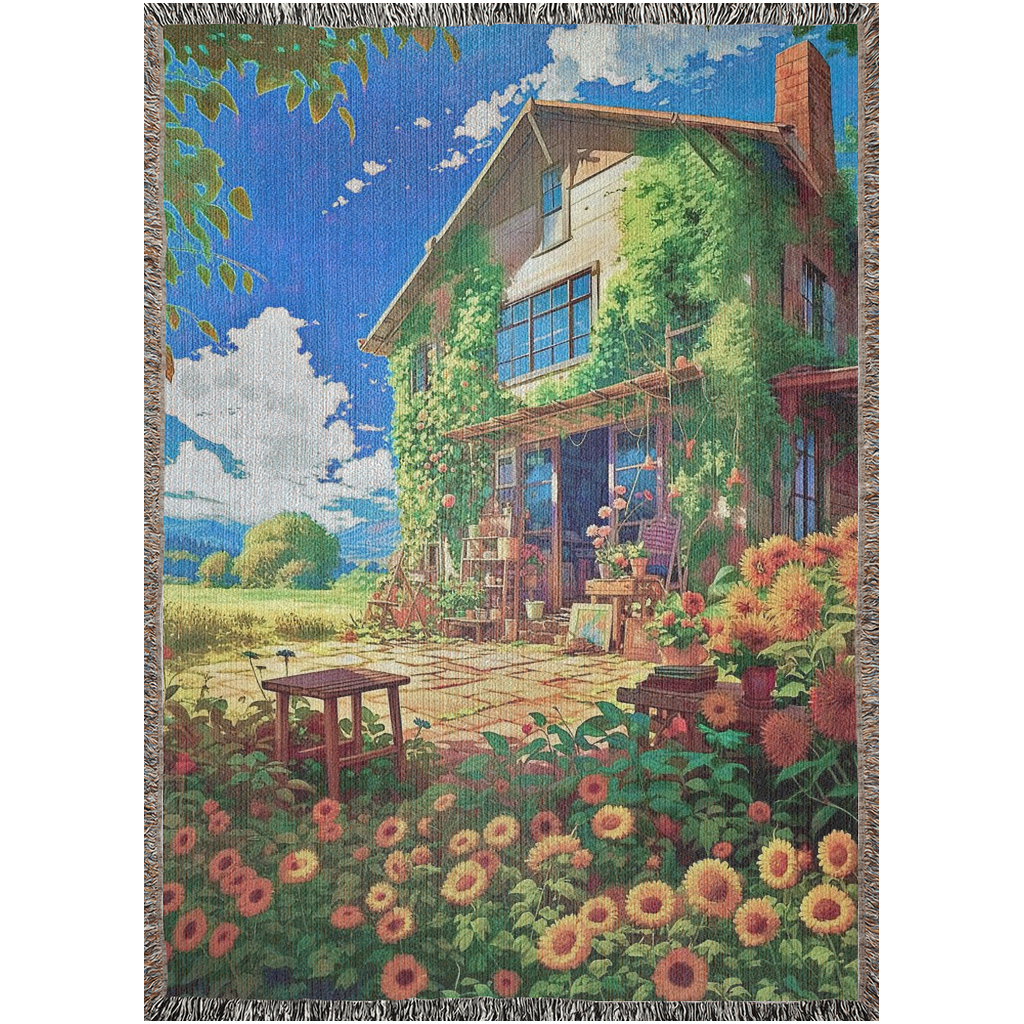 Digital art of a country cottage surrounded by sunflowers