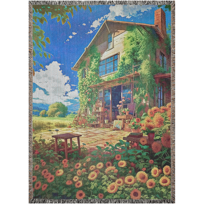 Digital art of a country cottage surrounded by sunflowers