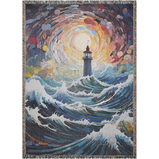 Lighthouse vs Cyclone Woven Blanket featuring a lighthouse in the ocean, showcasing intricate art on a luxurious cotton fabric.