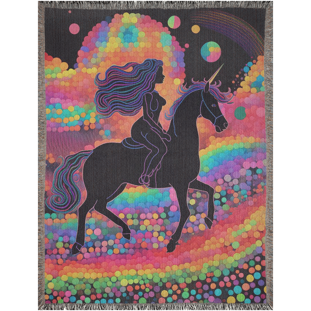 A digital image of a blacked-out unicorn and rider galloping on a rainbow road.