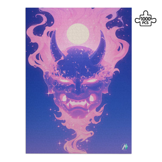 surreal fantasy flaming pink Japanese oni spirit masks jigsaw puzzle