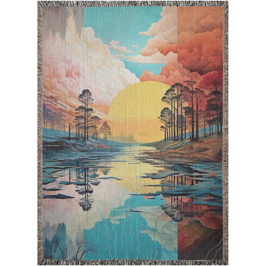 Woven blanket titled River of Tranquility featuring trees and a sunset, crafted from 100% cotton, ideal for home décor or gifting.