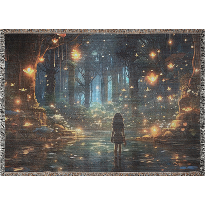 A digital image of a girl standing in a pond, surrounded by a magical and glowing forest.