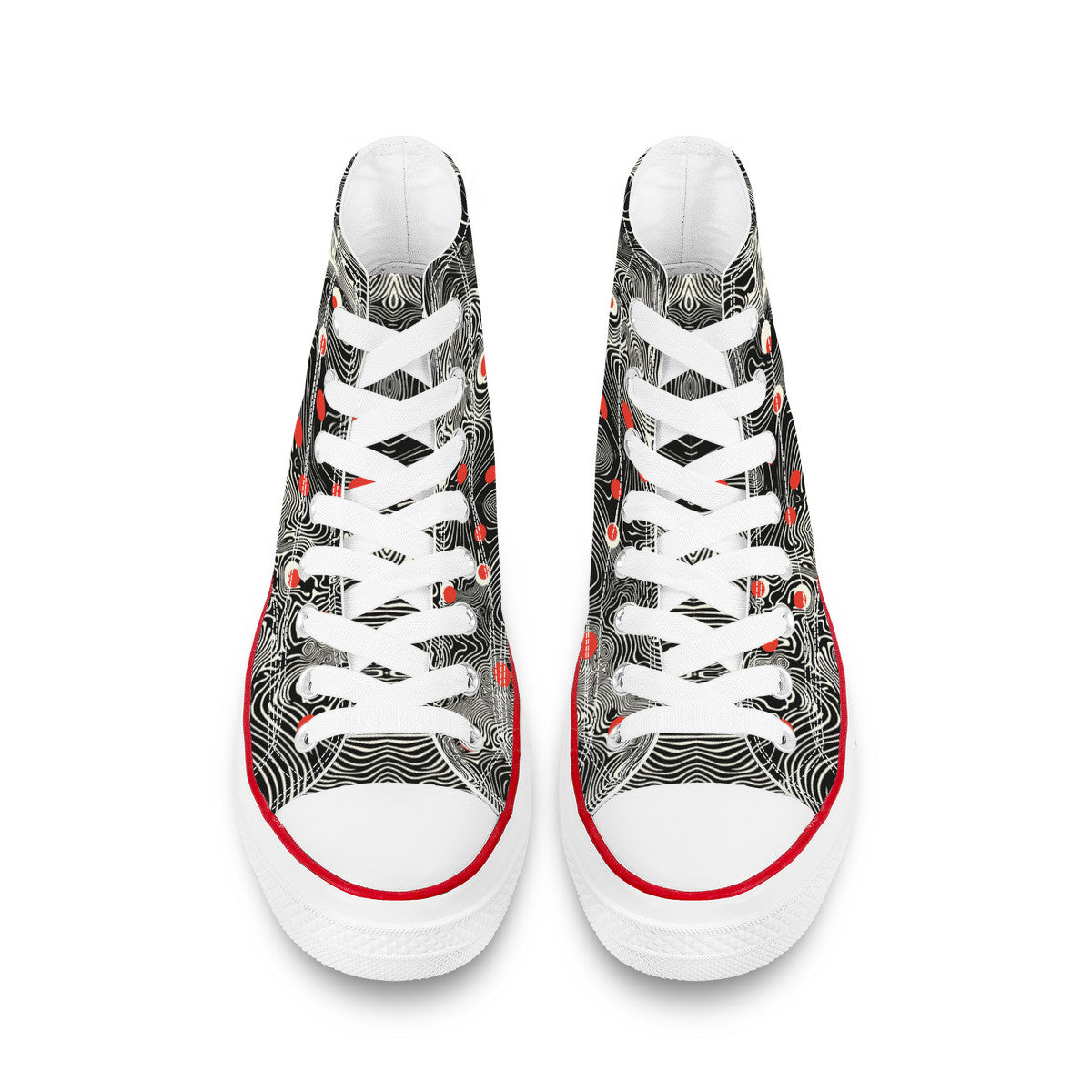 Waypoint Walker (Wht) 🔴⚪| 1337 High Tops feature wavy black-and-white patterns with red dots, white laces, and rubber toe caps, embodying streetwear artistry.