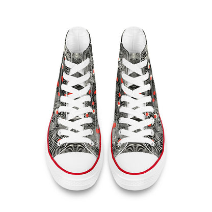 Waypoint Walker (Wht) 🔴⚪| 1337 High Tops feature wavy black-and-white patterns with red dots, white laces, and rubber toe caps, embodying streetwear artistry.