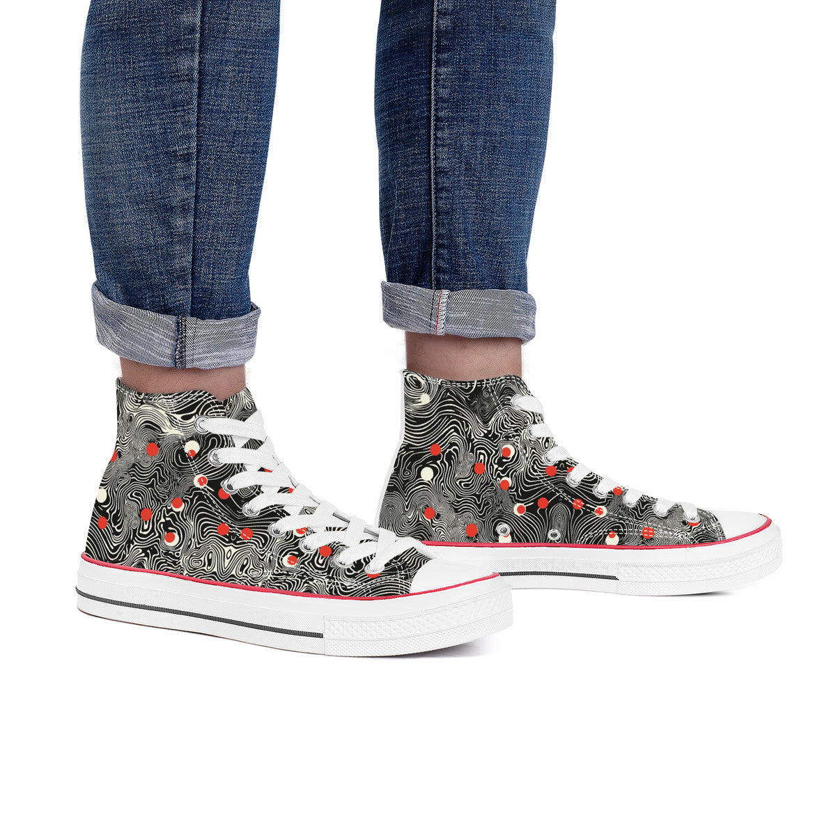 Waypoint Walker (Wht) 🔴⚪| 1337 High Tops, featuring black-and-off-white contour print with red and cream circles, worn with rolled-up blue jeans.