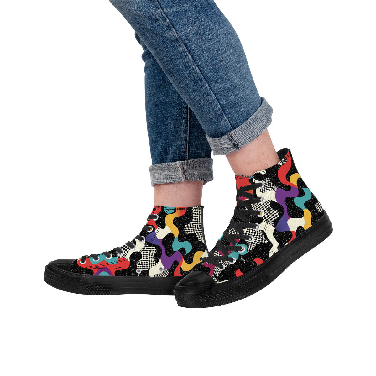 Trippy Drip High Top sneakers featuring psychedelic melting geometric patterns in vibrant red, yellow, teal, and purple colors with checkered details on flowing abstract shapes