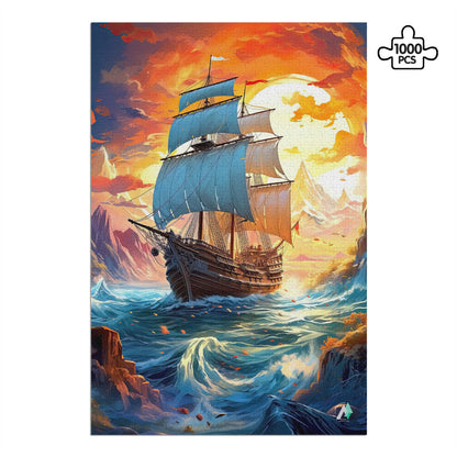 pirate ship sail boat seascape sunset jigsaw puzzle