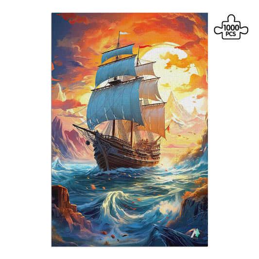 Treacherous Sailing Puzzle featuring a ship navigating ocean waves, available in 500 or 1000 pieces, crafted from premium ivory cardboard with satin finish.