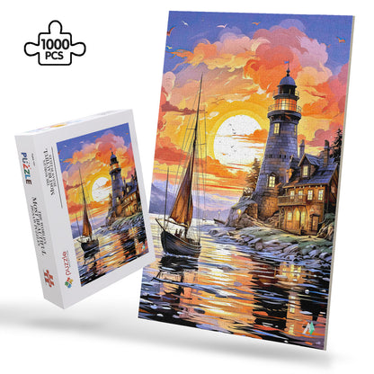 lighthouse sunset sailboat seascape oil painting jigsaw puzzle