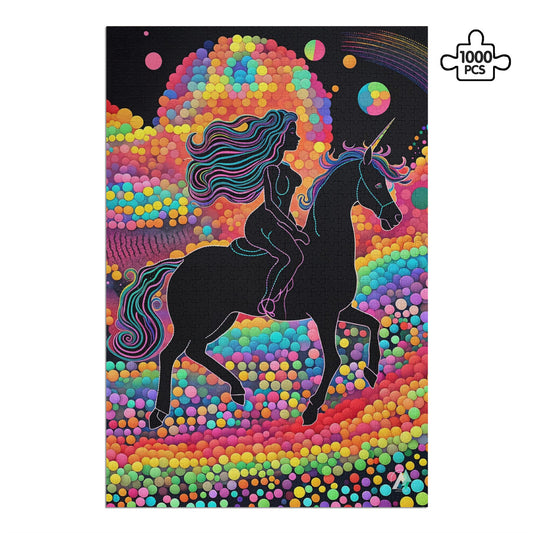 Rainbow Runner Puzzle featuring a woman riding a unicorn, available in 500 or 1000 pieces, crafted from premium ivory cardboard with a satin finish.