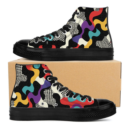 Trippy Drip High Top sneakers featuring psychedelic melting geometric patterns in vibrant red, yellow, teal, and purple colors with checkered details on flowing abstract shapes