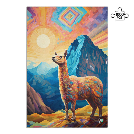 Llama on the Mountaintop Puzzle featuring a llama artwork, available in 500 and 1000 pieces, crafted from premium ivory cardboard.