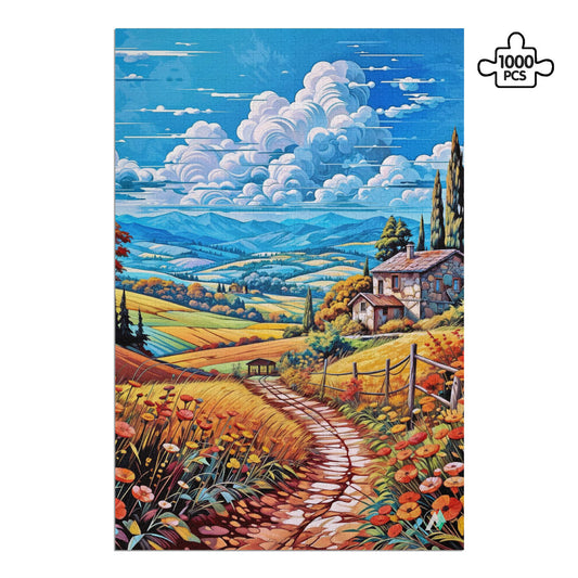 Poppies in Bloom Puzzle featuring a scenic house and path amidst a vibrant field, available in 500 and 1000 pieces.