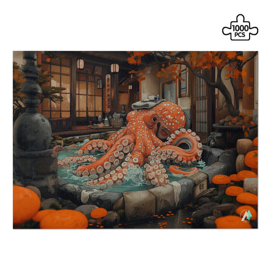 Octopus Bathhouse Puzzle featuring a whimsical octopus illustration, available in 500 or 1000 pieces, crafted from premium ivory cardboard with a satin finish.