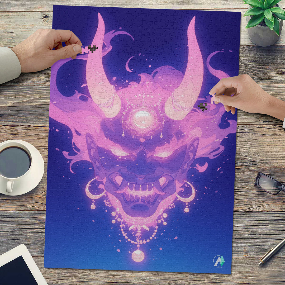 surreal fantasy flaming pink Japanese oni spirit masks jigsaw puzzle