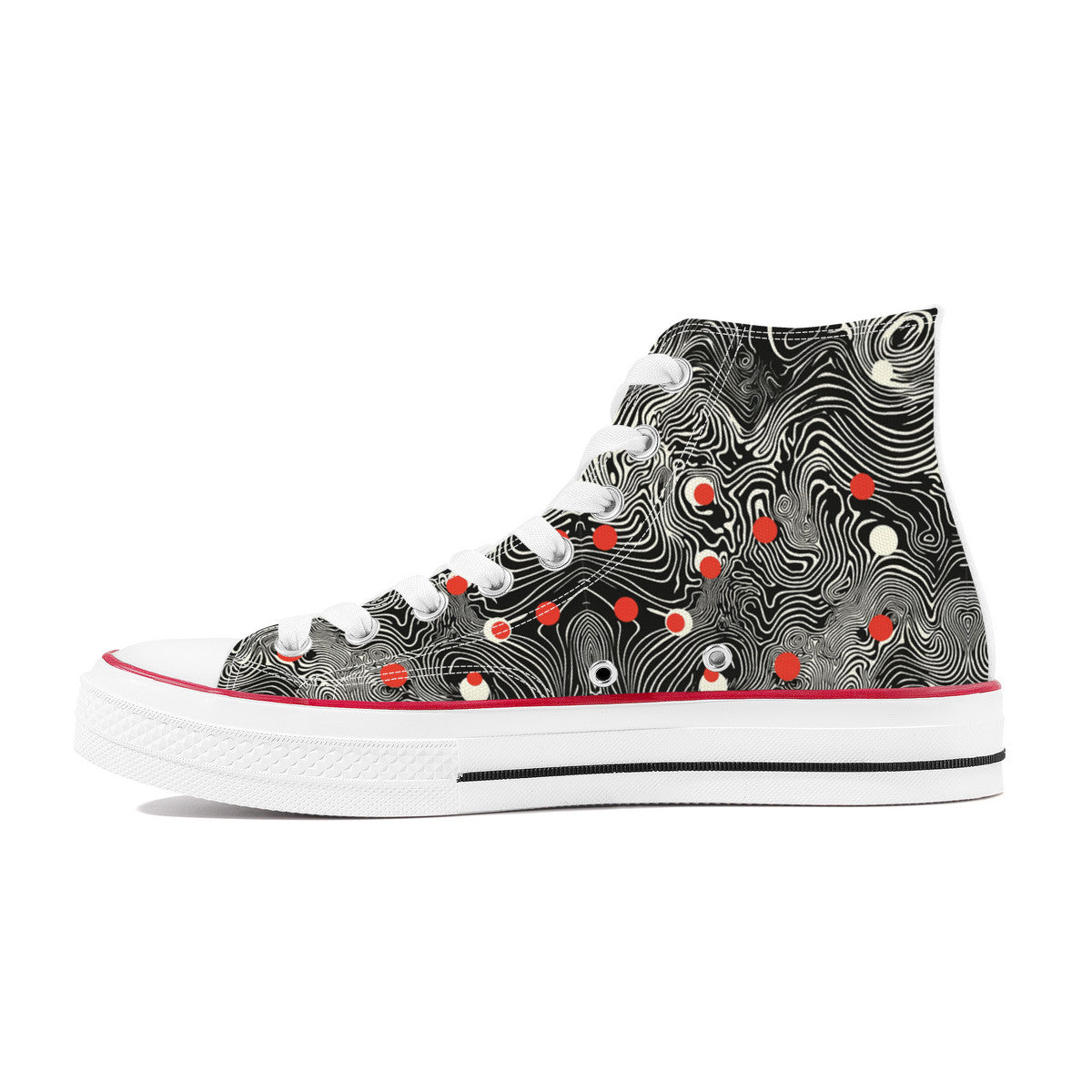 Waypoint Walker (Wht) 🔴⚪| 1337 High Tops showcase a black-and-white topographic pattern with red/off-white dots, featuring a white sole, toe cap, and laces.
