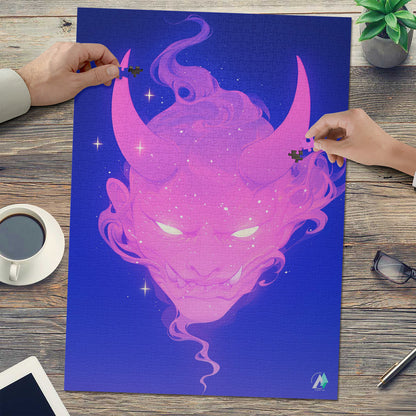 surreal fantasy flaming pink Japanese oni spirit masks jigsaw puzzle