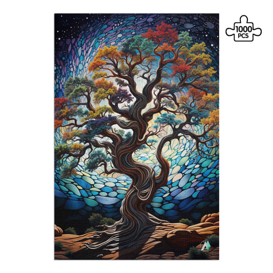 Ancient Bristlecone Puzzle, featuring a vibrant tree artwork by @aihabit, available in 500 and 1000 pieces, crafted from premium ivory cardboard.