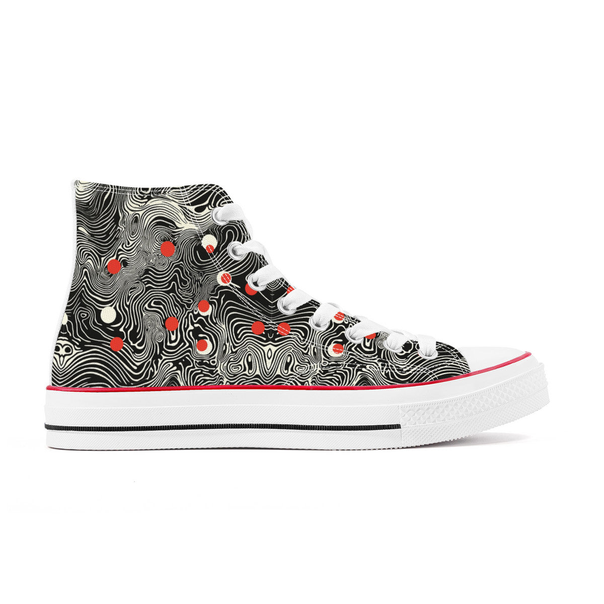 Waypoint Walker (Wht) 🔴⚪| 1337 High Tops feature a contour-map pattern with red and cream dots, white laces, and a striped midsole.