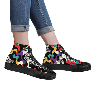 Trippy Drip High Top sneakers featuring psychedelic melting geometric patterns in vibrant red, yellow, teal, and purple colors with checkered details on flowing abstract shapes