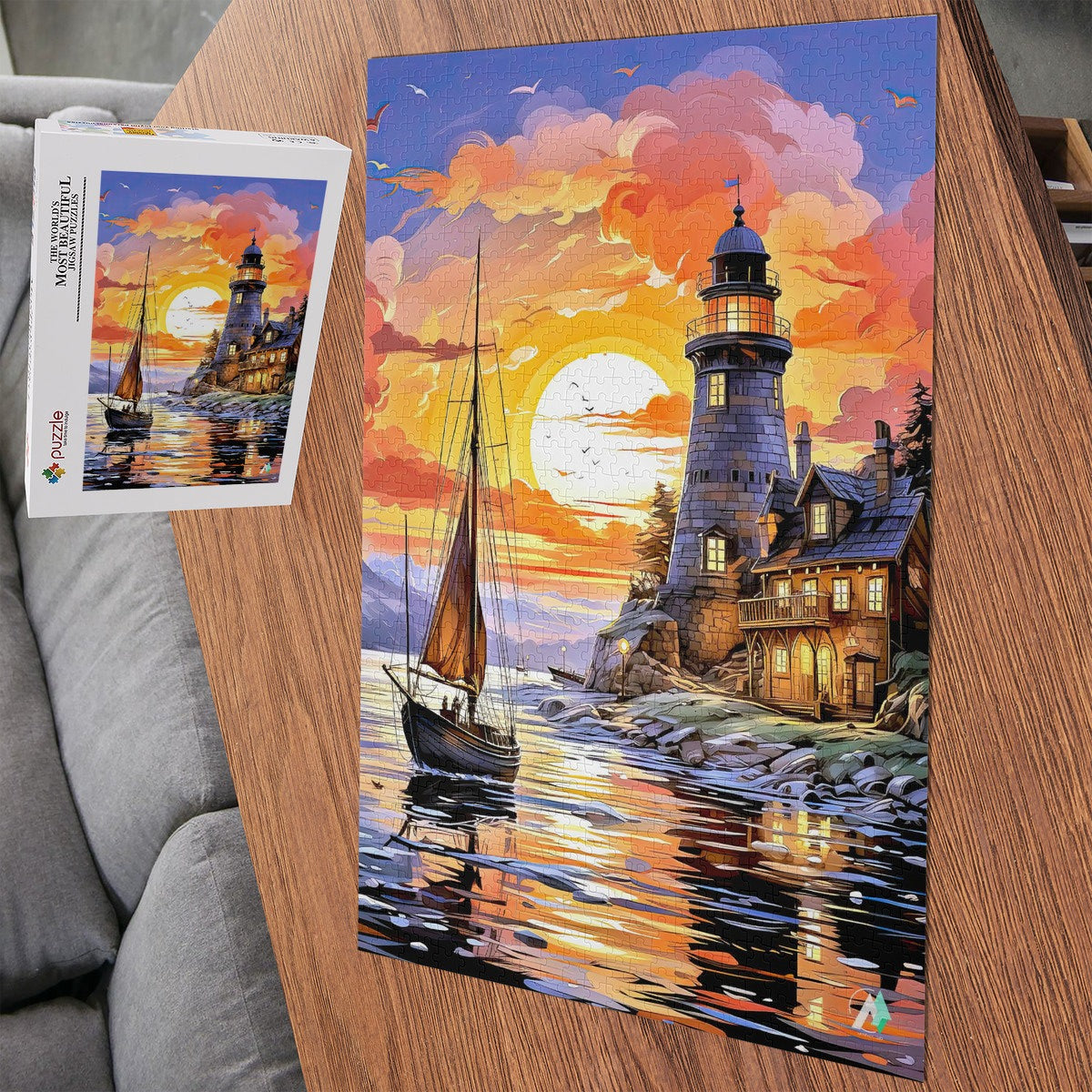 lighthouse sunset sailboat seascape oil painting jigsaw puzzle