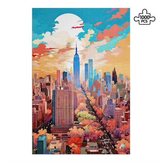 New York in Pastels II Puzzle features a cityscape design, showcasing skyscrapers and buildings in vibrant colors, available in 500 or 1000 pieces, made from premium ivory cardboard.