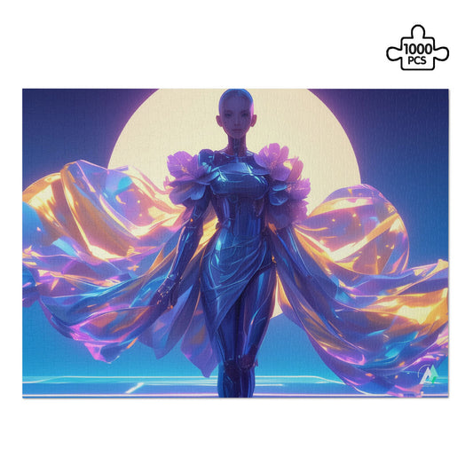 Amara-X II Puzzle featuring a woman in a garment, combining art and fashion. Available in 500 and 1000 pieces, made from premium cardboard.