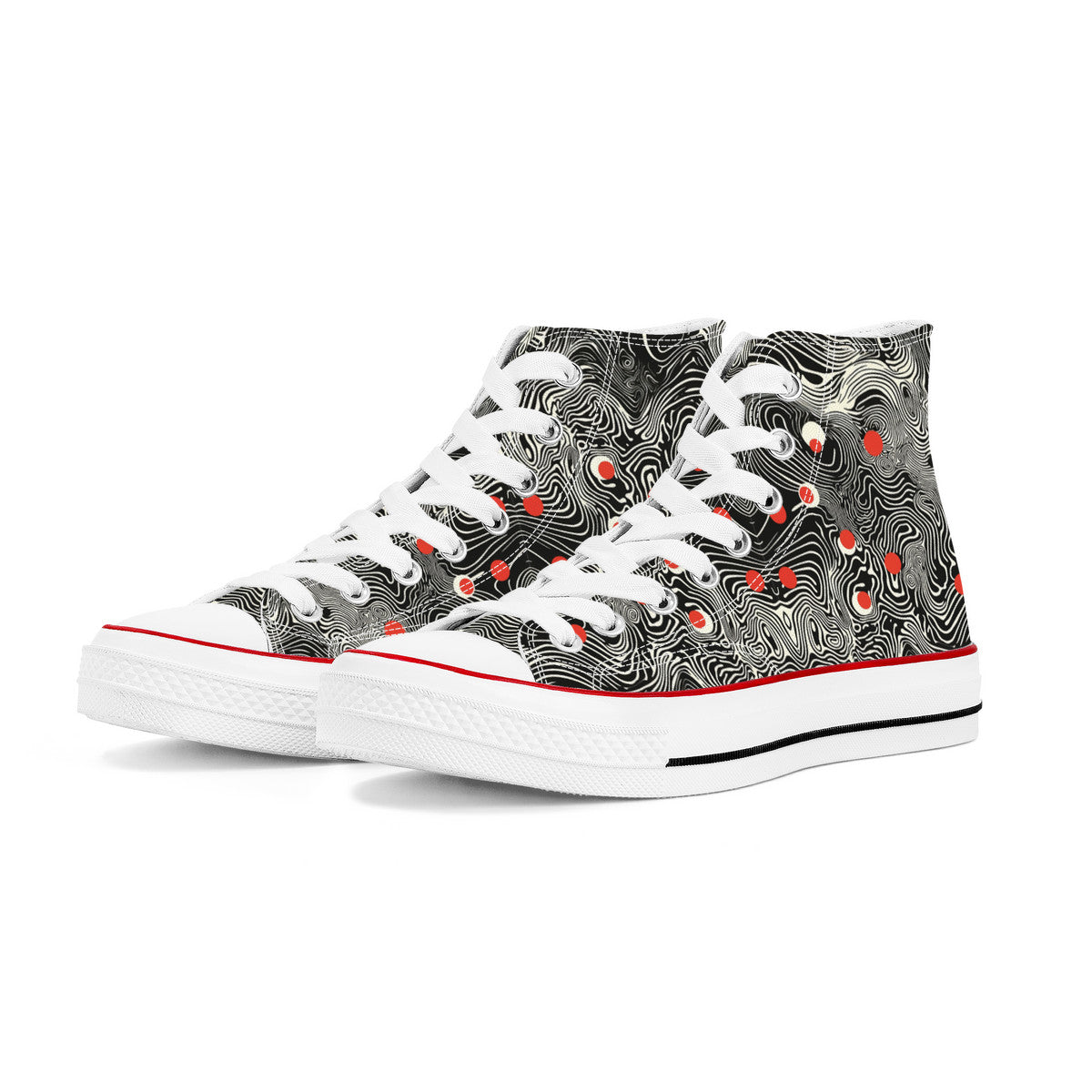 Waypoint Walker (Wht) 🔴⚪| 1337 High Tops: High-top canvas sneakers with a topographic pattern, red circles, white laces, and a classic rubber sole.
