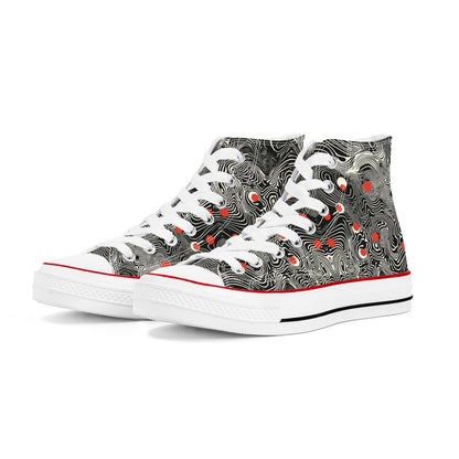 Waypoint Walker (Wht) 🔴⚪| 1337 High Tops: High-top canvas sneakers with a topographic pattern, red circles, white laces, and a classic rubber sole.