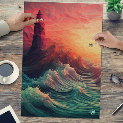 lighthouse high waves sunset seascape jigsaw puzzle