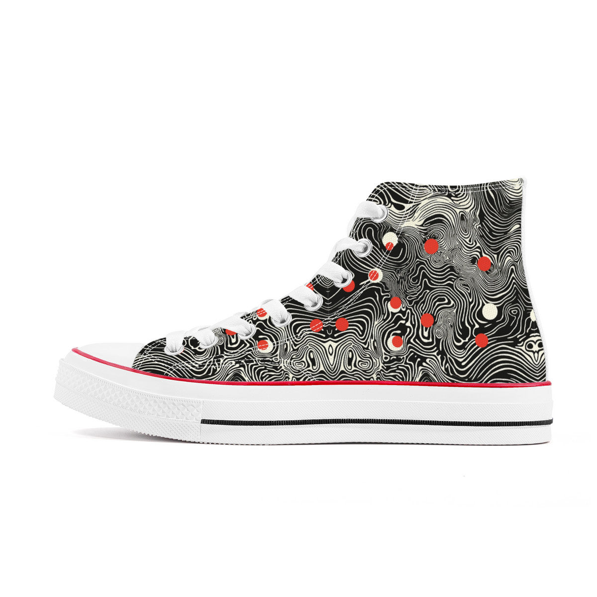 Waypoint Walker (Wht) 🔴⚪| 1337 High Tops featuring abstract topographic pattern, red accents, white laces, and rubber toe cap. Unisex, artisanal craftsmanship.