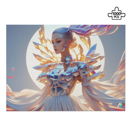 Amara-X III Puzzle features a futuristic woman in a stylish garment, part of a 500 or 1000-piece premium jigsaw puzzle.