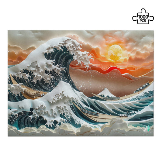 The Great Wave II | Puzzle features a large wave illustration, available in 500 or 1000 pieces, crafted from premium ivory cardboard with satin finish.