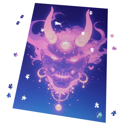 surreal fantasy flaming pink Japanese oni spirit masks jigsaw puzzle